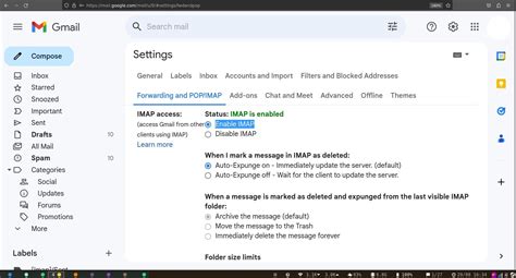 Captura de pantalla de la configuración de IMAP en Gmail