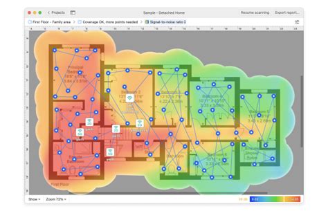 Mapa de calor de una red Wi-Fi generado por NetSpot, mostrando la intensidad de la señal.