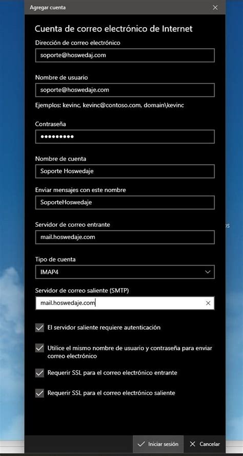 Interfaz de configuración de cuenta de correo en Windows Phone