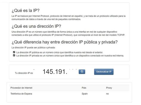 Captura de pantalla mostrando un sitio web para verificar IP pública
