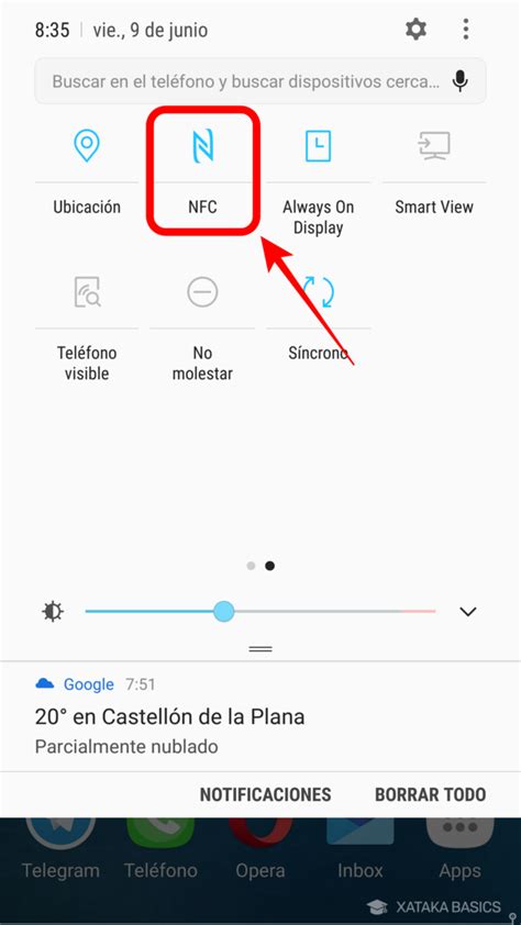 Captura de pantalla mostrando la ruta para activar NFC en un teléfono Android