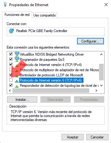 Captura de pantalla mostrando cómo deshabilitar IPv6 en las propiedades de la tarjeta de red