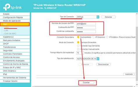 Captura de pantalla de la configuración WAN de TP-Link