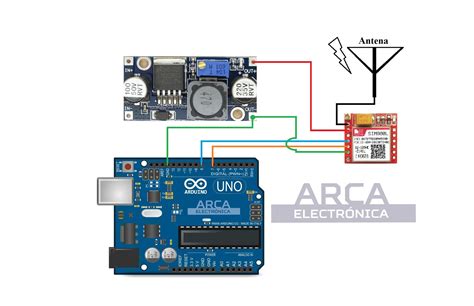 Diagrama de conexión de un módulo SIM800L con Step-Down y Arduino