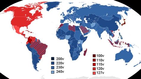 Mapa mundial mostrando diferentes voltajes de red eléctrica