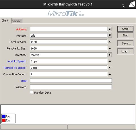 Captura de pantalla de la herramienta Bandwidth Test en Winbox