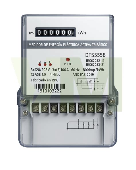 Diagrama de un medidor de energía trifásico con pantalla LCD y montaje en carril DIN