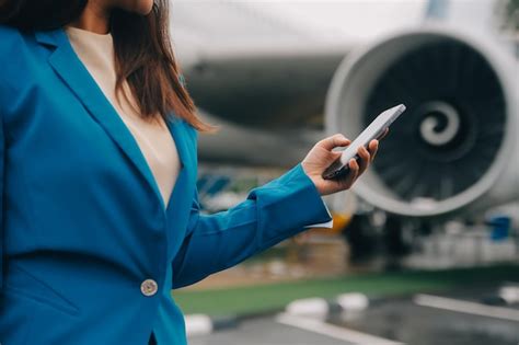 Persona usando teléfono móvil en un aeropuerto internacional