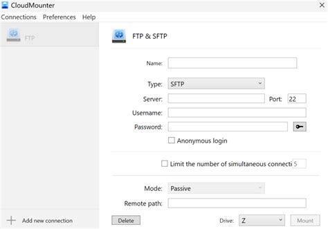 Captura de pantalla de CloudMounter mostrando un servidor SFTP montado en el Explorador de Archivos