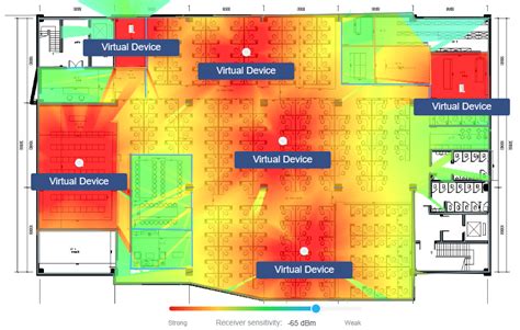 Mapa de calor de señal Wi-Fi mostrando zonas de cobertura y puntos ciegos