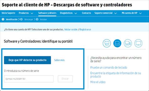 Captura de pantalla del sitio web de soporte de HP mostrando la búsqueda de controladores