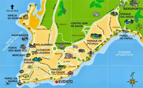 Mapa de Salvador de Bahía destacando zonas turísticas y posibles puntos Wi-Fi