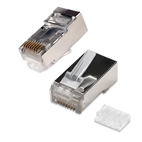 Vista trasera de un conector RJ45 macho Cat 6, mostrando su estructura interna