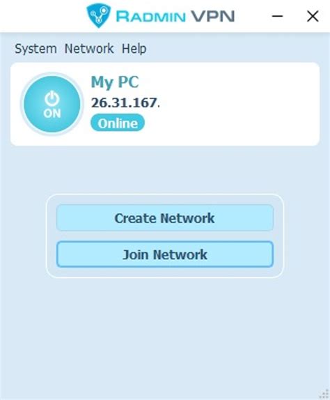 Interfaz de Radmin VPN mostrando la creación de una red