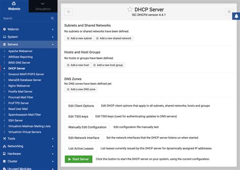 Pantalla inicial del módulo DHCP en Webmin sin configuraciones