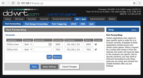 Ejemplo de formulario de configuración de Port Forwarding