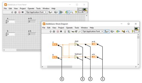 Captura de pantalla de LabVIEW mostrando el panel frontal con un botón y el diagrama de bloques con una variable compartida Modbus dentro de un bucle while