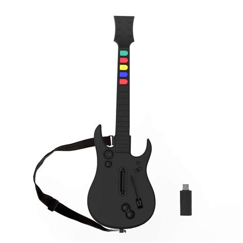 Ilustración de los pasos para sincronizar una guitarra Guitar Hero con su dongle