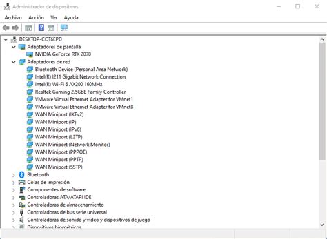 Captura de pantalla del Administrador de dispositivos mostrando Adaptadores de red