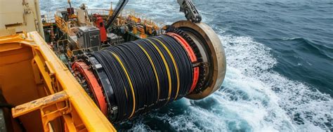 Cable submarino de fibra óptica siendo tendido por un buque cablero