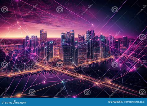 Ilustración futurista de una ciudad inteligente conectada por 5G
