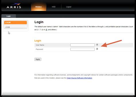 Interfaz de login del router Arris
