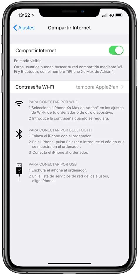 Captura de pantalla del menú de Compartir Internet en un iPhone