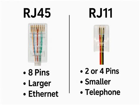 Comparación visual del tamaño y número de pines entre RJ11 y RJ45