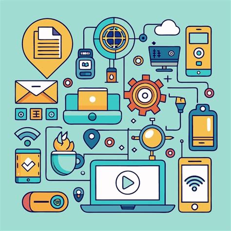 Ilustración de varios dispositivos electrónicos (teléfono, portátil, altavoces) conectados de forma inalámbrica