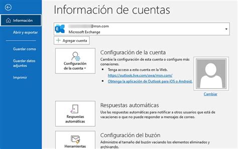 Captura de pantalla de la configuración de cuenta en Outlook