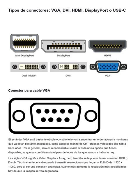 Diagrama comparativo de conectores VGA, DVI y HDMI