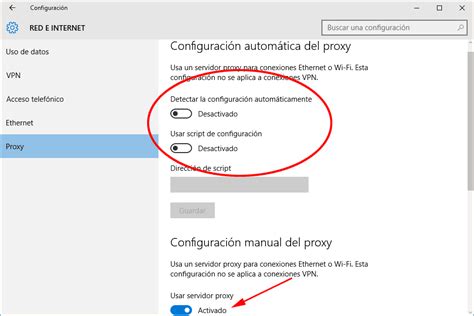 Captura de pantalla de la configuración de proxy en Windows 10