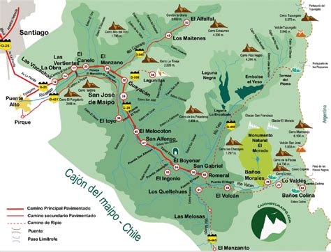 Mapa del Cajón del Maipo con puntos de interés y cobertura de radio