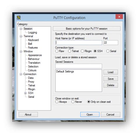 Captura de pantalla de PuTTY configurado para conexión serial.