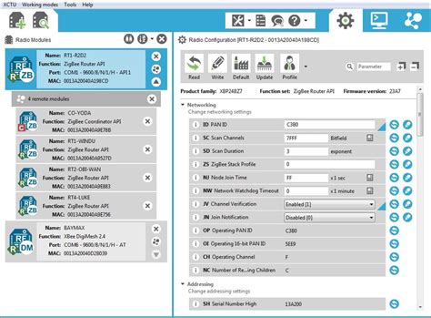 Interfaz del software XCTU mostrando la configuración de un módulo XBee