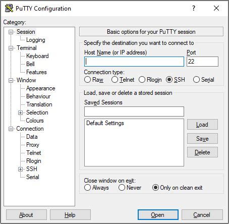 Ventana de configuración de PuTTY mostrando las opciones de conexión serial