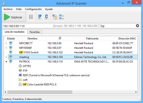 Captura de pantalla de Advanced IP Scanner mostrando dispositivos en una red