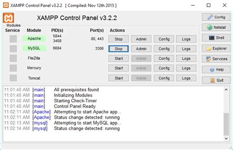 Panel de control de XAMPP con módulos en verde