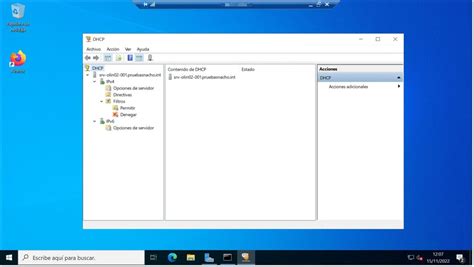Captura de pantalla de la consola de administración de DHCP en Windows Server