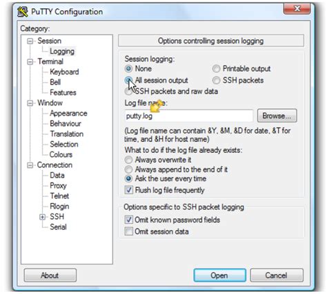 Interfaz de PuTTY mostrando opciones de registro