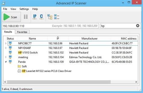 Interfaz de Advanced IP Scanner mostrando dispositivos en una red