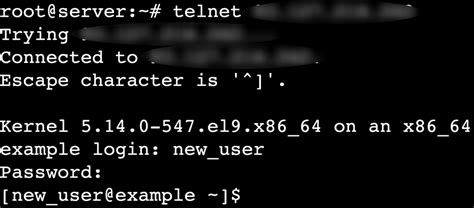 Captura de pantalla de una terminal Linux mostrando una conexión Telnet exitosa y solicitando usuario y contraseña