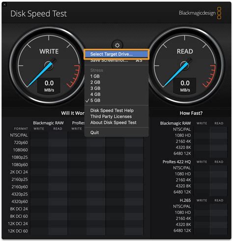 Captura de pantalla de Blackmagic Disk Speed Test mostrando resultados de velocidad