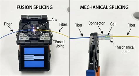 Comparativa visual de un conector mecánico y un empalme por fusión