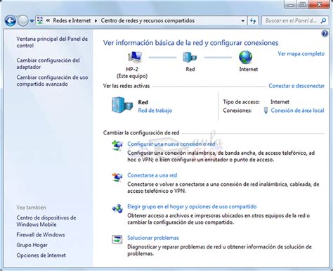 Captura de pantalla del Centro de Redes y Recursos Compartidos en Windows