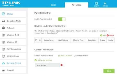 Interfaz de configuración de control parental en un router