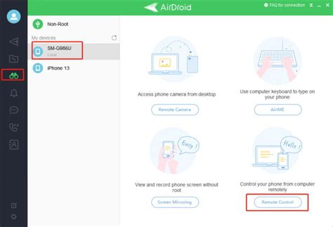 Interfaz de AirDroid Personal mostrando control remoto
