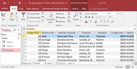 Captura de pantalla de una tabla de Access mostrando 