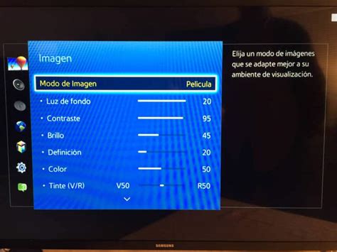 Menú de configuración de un televisor Samsung mostrando opciones de imagen