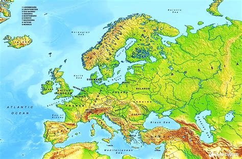 Mapa físico de Europa mostrando las principales cadenas montañosas y ríos